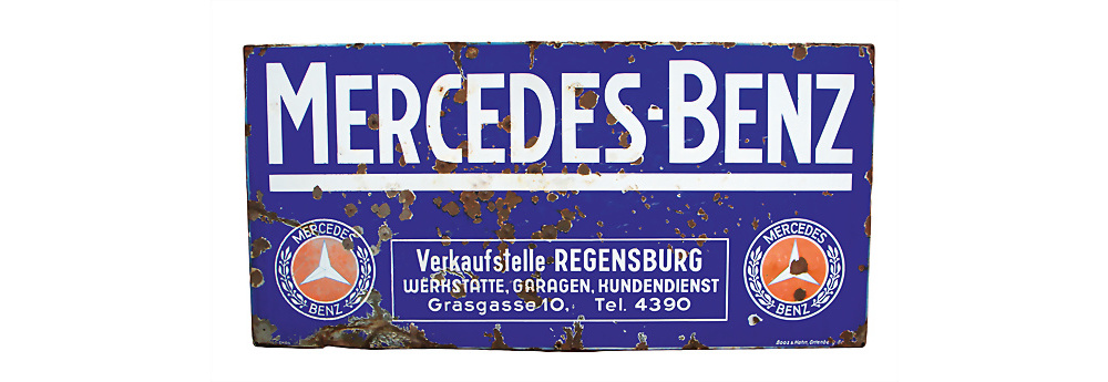Mercedes Benz Emailleschild, Verkaufsstelle Regensburg,ca. 1931