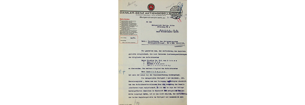 Daimler Benz AG, Dokument, datiert 3.7.1930, Durchführung des Aktienumtausches sowie niederlegung des Amtes Jakob Schapiro