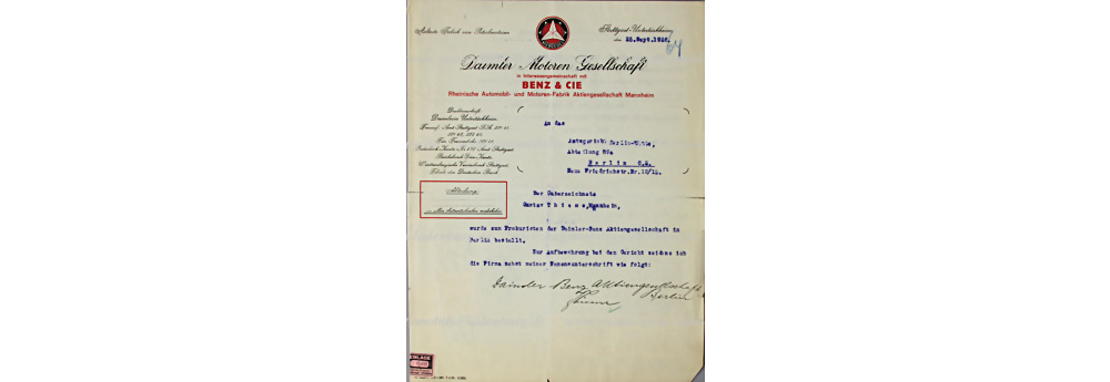 Daimler Benz AG, Dokument, datiert 25.9.1926, Bestellung von Herrn Gustav Thieme als Prokuristen