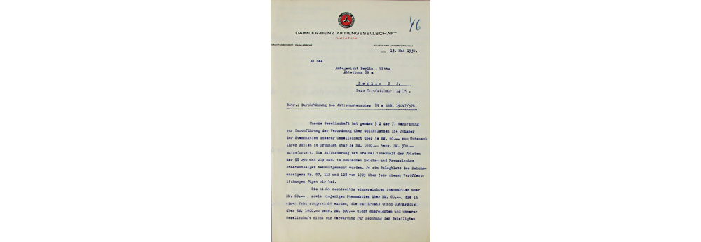 Daimler Benz AG, Dokument, datiert 13.5.1930, Durchführung des Aktienumtausches