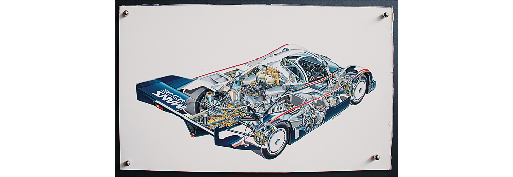 Nr. 2135 - PORSCHE/BRUNO BETTI Original-Entwurf für Porsche Rennplakat Schnittzeichnung Porsche Typ 956